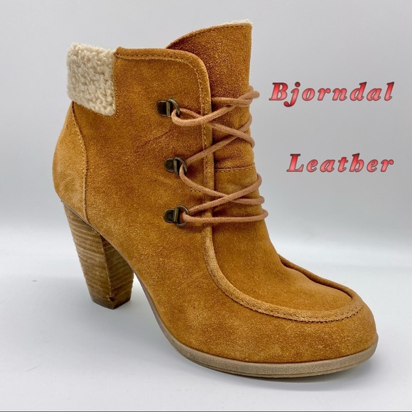 Bjorndal Shoes - Bjorndal-Leather Tan Lace Up Sherpa cuff heel bootie 9